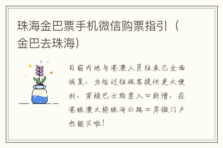 珠海金巴票手机微信购票指引（金巴去珠海）