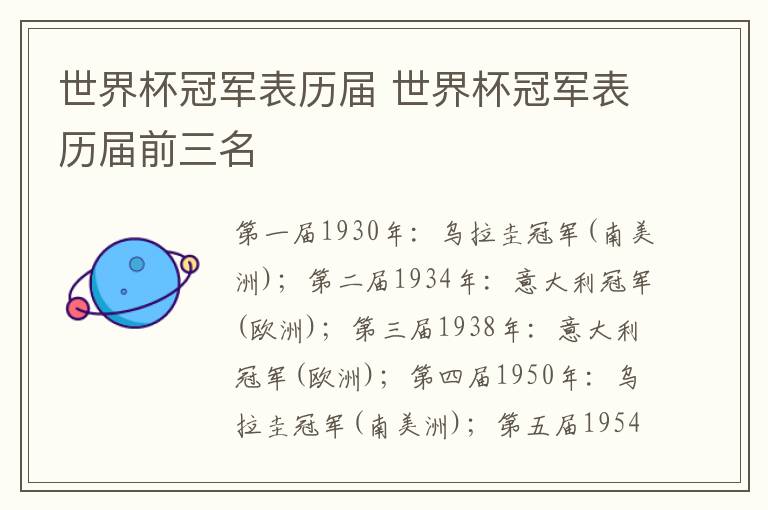 世界杯冠军表历届 世界杯冠军表历届前三名