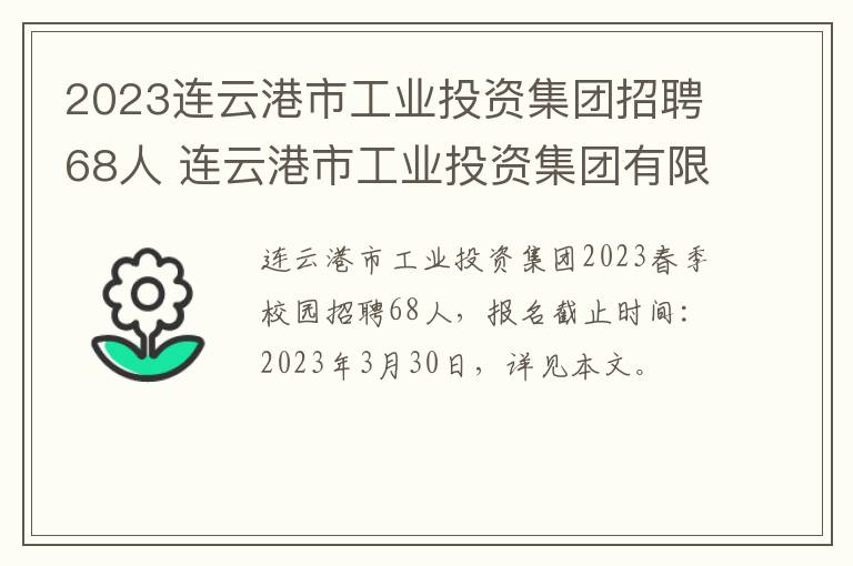 2023连云港市工业投资集团招聘68人 连云港市工业投资集团有限公司待遇怎么样