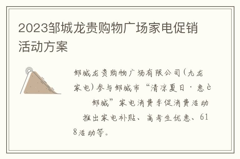 2023邹城龙贵购物广场家电促销活动方案